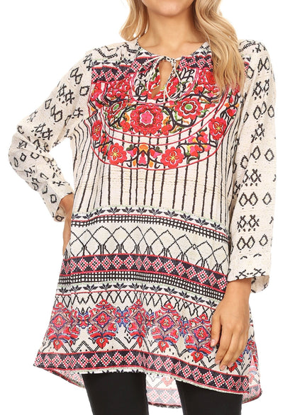 Sakkas Ida Womens Peasant Boho Tunic Blouse Top with Long Sleeves & Embellishing UW190-White