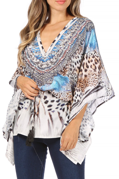 Sakkas Danis Women's Oversized Casual Pullover V-neck Short Sleeve Boho Top Blouse One Size 436