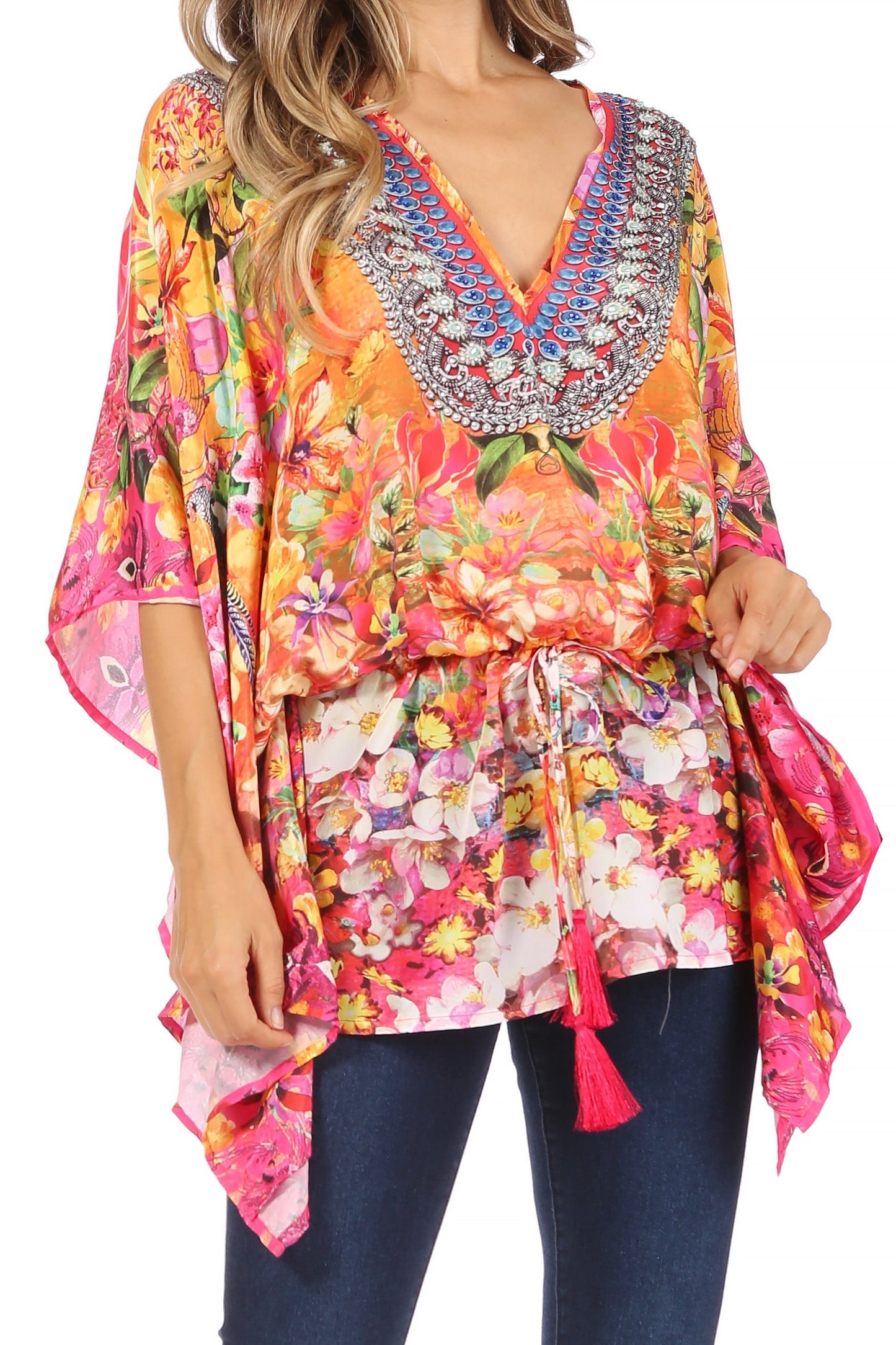 Sakkas Danis Women's Oversized Casual Pullover V-neck Short Sleeve Boho Top Blouse One Size 450