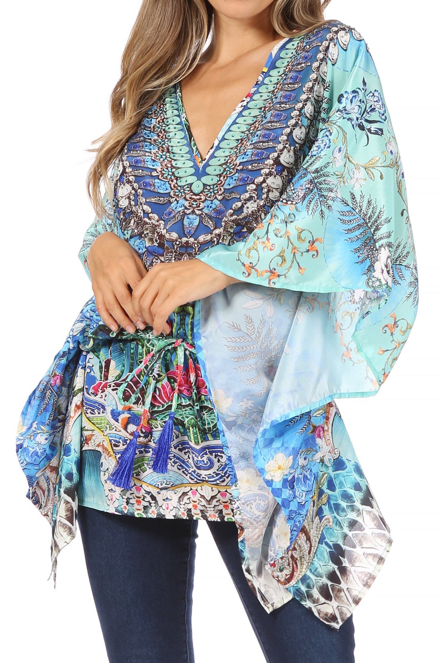 Sakkas Danis Women's Oversized Casual Pullover V-neck Short Sleeve Boho Top Blouse One Size 451