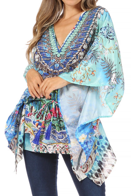 Sakkas Danis Women's Oversized Casual Pullover V-neck Short Sleeve Boho Top Blouse One Size 451