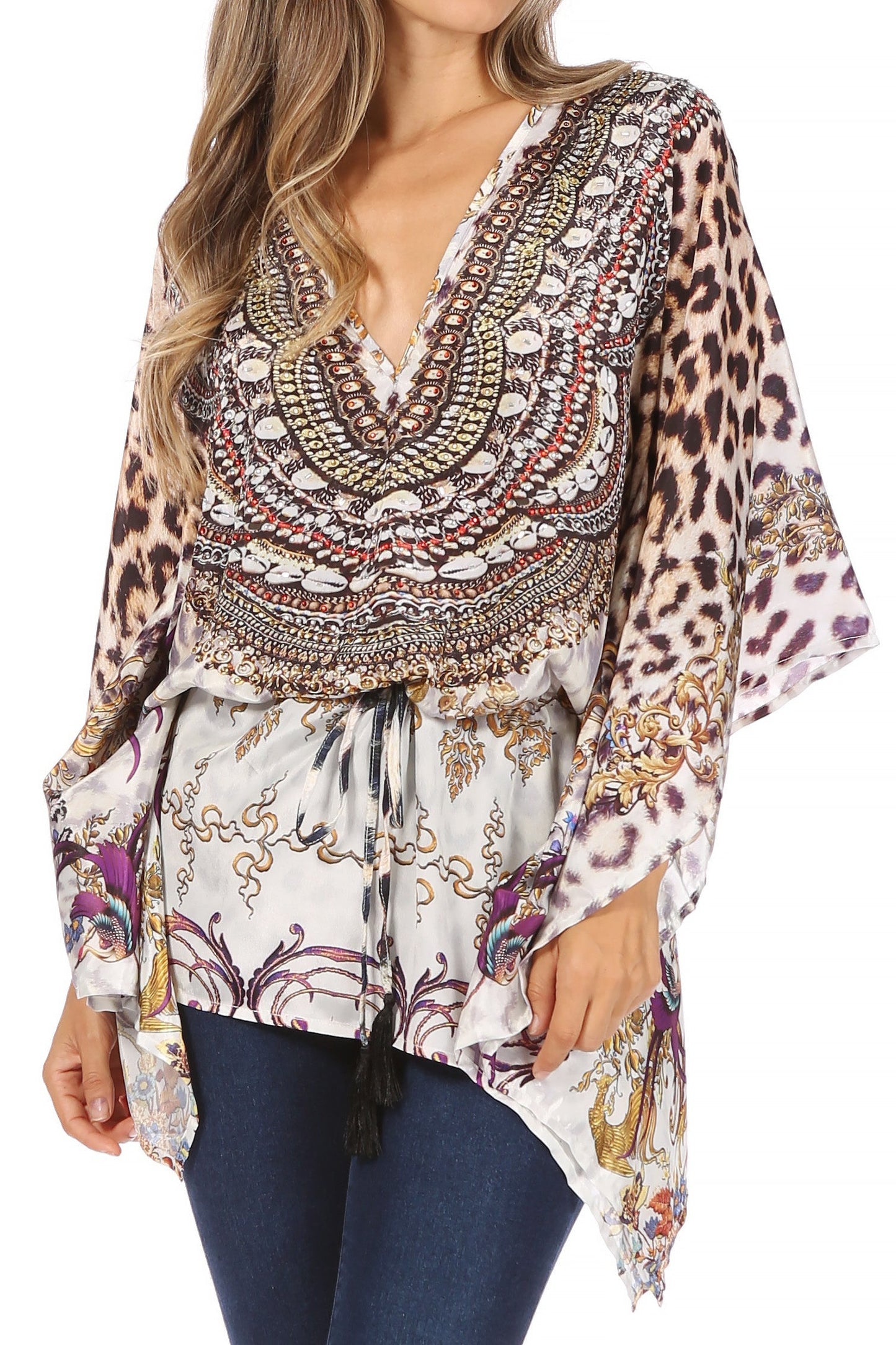 Sakkas Danis Women's Oversized Casual Pullover V-neck Short Sleeve Boho Top Blouse One Size 452