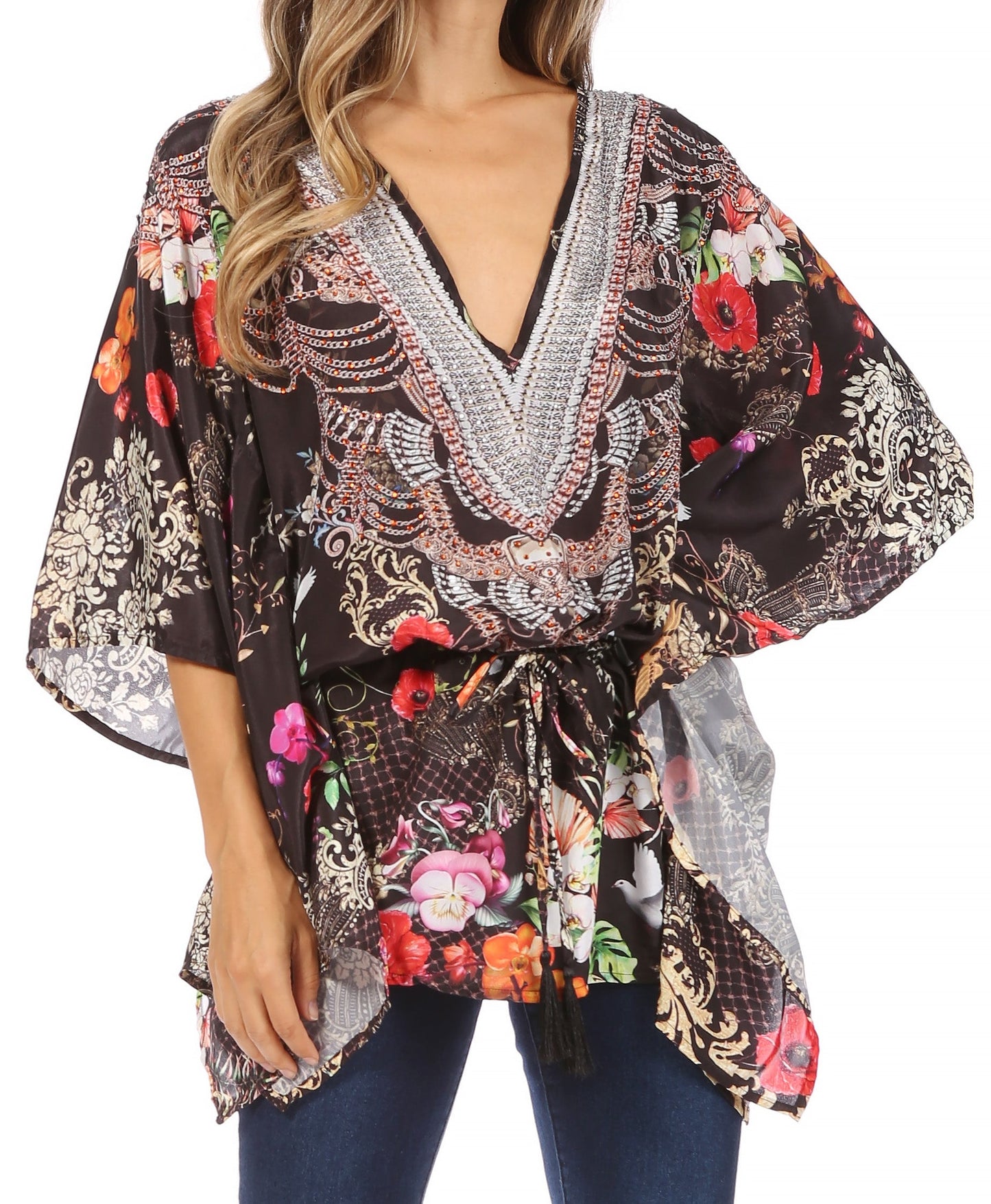Sakkas Danis Women's Oversized Casual Pullover V-neck Short Sleeve Boho Top Blouse One Size 458