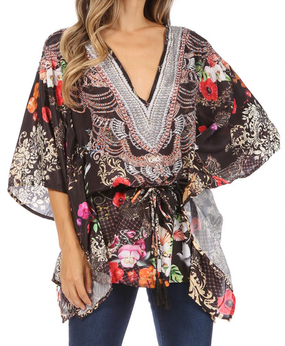 Sakkas Danis Women's Oversized Casual Pullover V-neck Short Sleeve Boho Top Blouse One Size 458