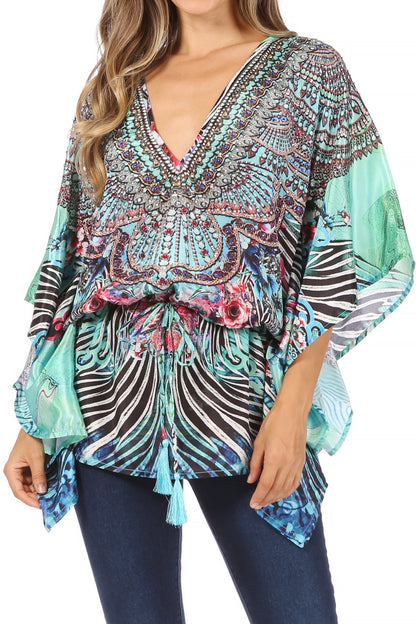 Sakkas Danis Women's Oversized Casual Pullover V-neck Short Sleeve Boho Top Blouse One Size 473