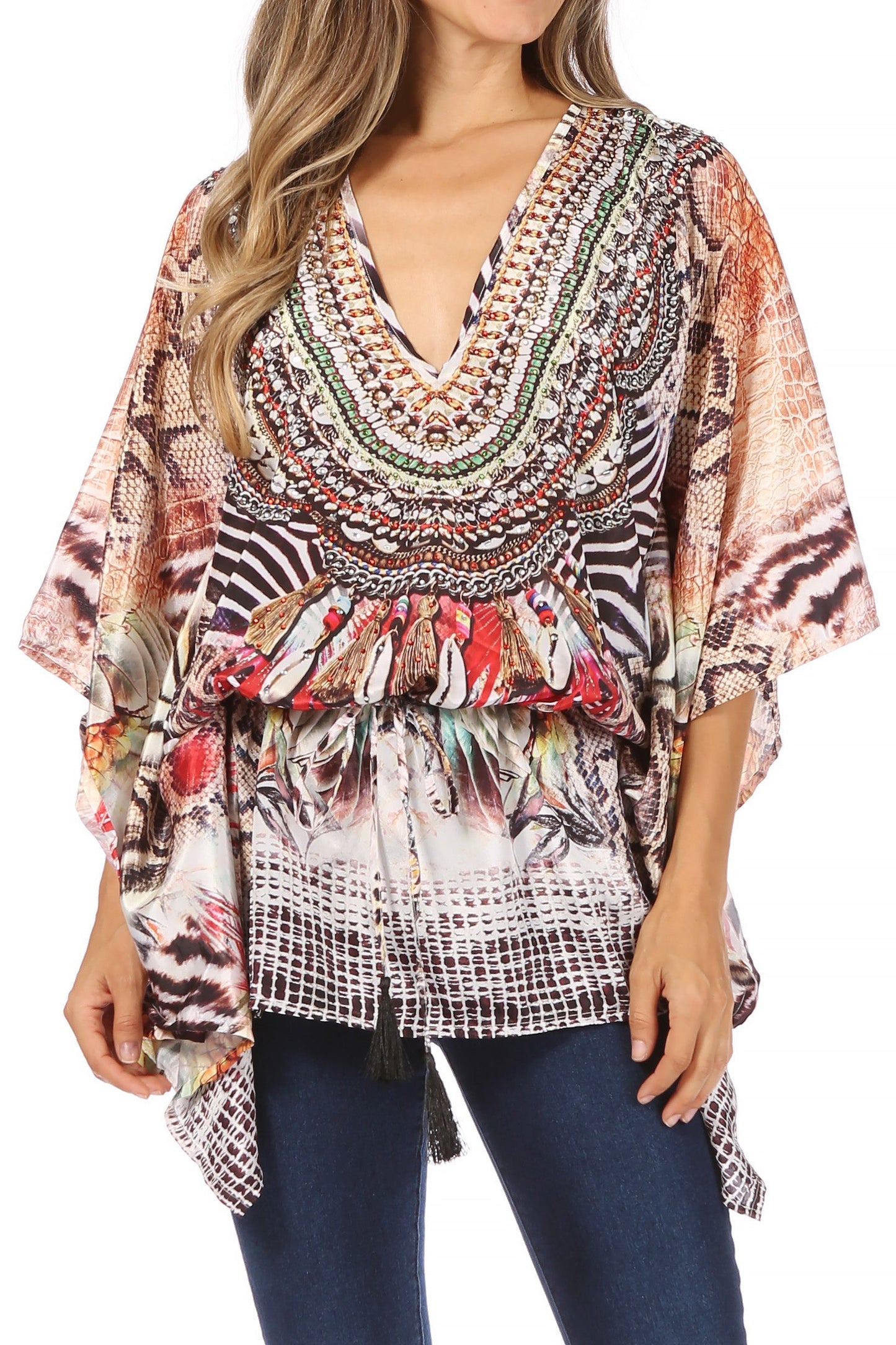 Sakkas Danis Women's Oversized Casual Pullover V-neck Short Sleeve Boho Top Blouse One Size 482