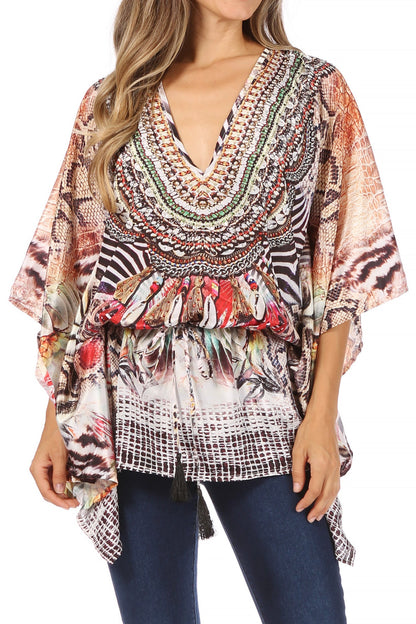 Sakkas Danis Women's Oversized Casual Pullover V-neck Short Sleeve Boho Top Blouse One Size 482