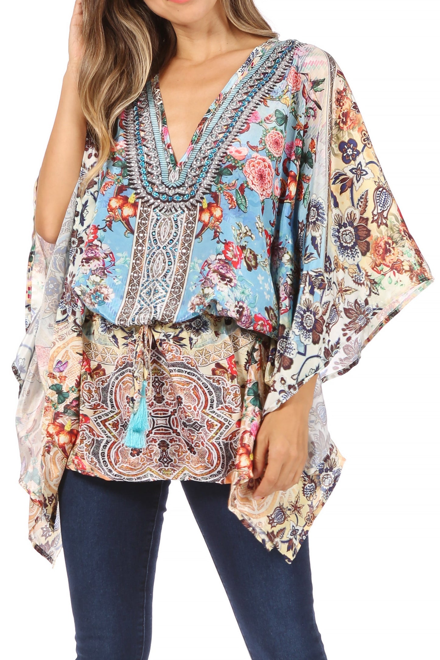 Sakkas Danis Women's Oversized Casual Pullover V-neck Short Sleeve Boho Top Blouse One Size FM268-Multi