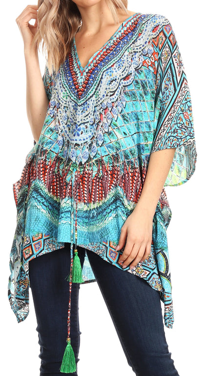 Sakkas Danis Women's Oversized Casual Pullover V-neck Short Sleeve Boho Top Blouse One Size FOM223-Multi