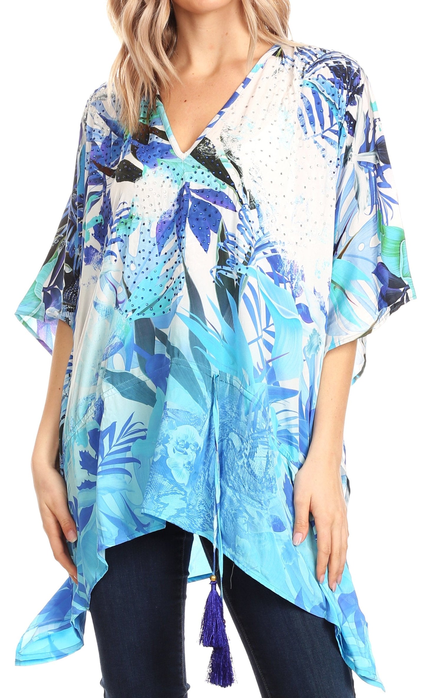 Sakkas Danis Women's Oversized Casual Pullover V-neck Short Sleeve Boho Top Blouse One Size LB218-Blue