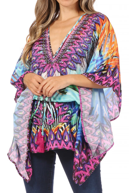 Sakkas Danis Women's Oversized Casual Pullover V-neck Short Sleeve Boho Top Blouse One Size ONT85-Turquoise