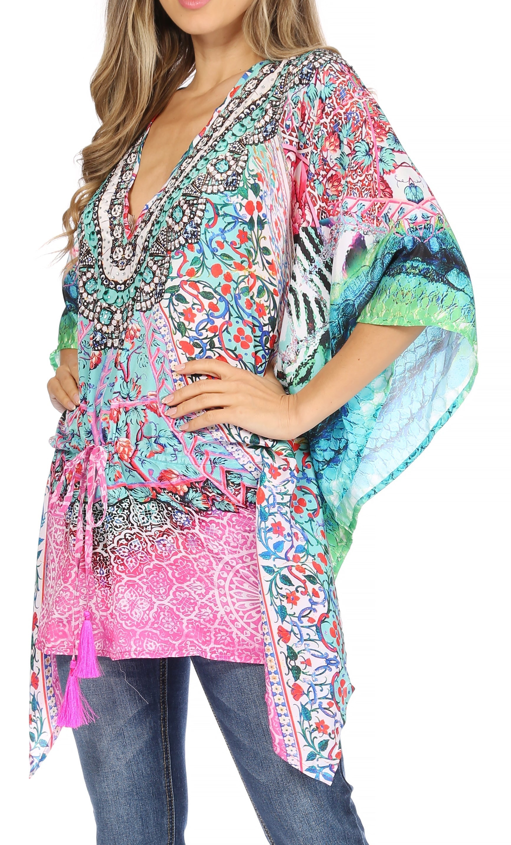 Sakkas Danis Women's Oversized Casual Pullover V-neck Short Sleeve Boho Top Blouse
