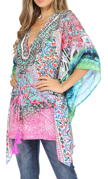 Sakkas Danis Women's Oversized Casual Pullover V-neck Short Sleeve Boho Top Blouse