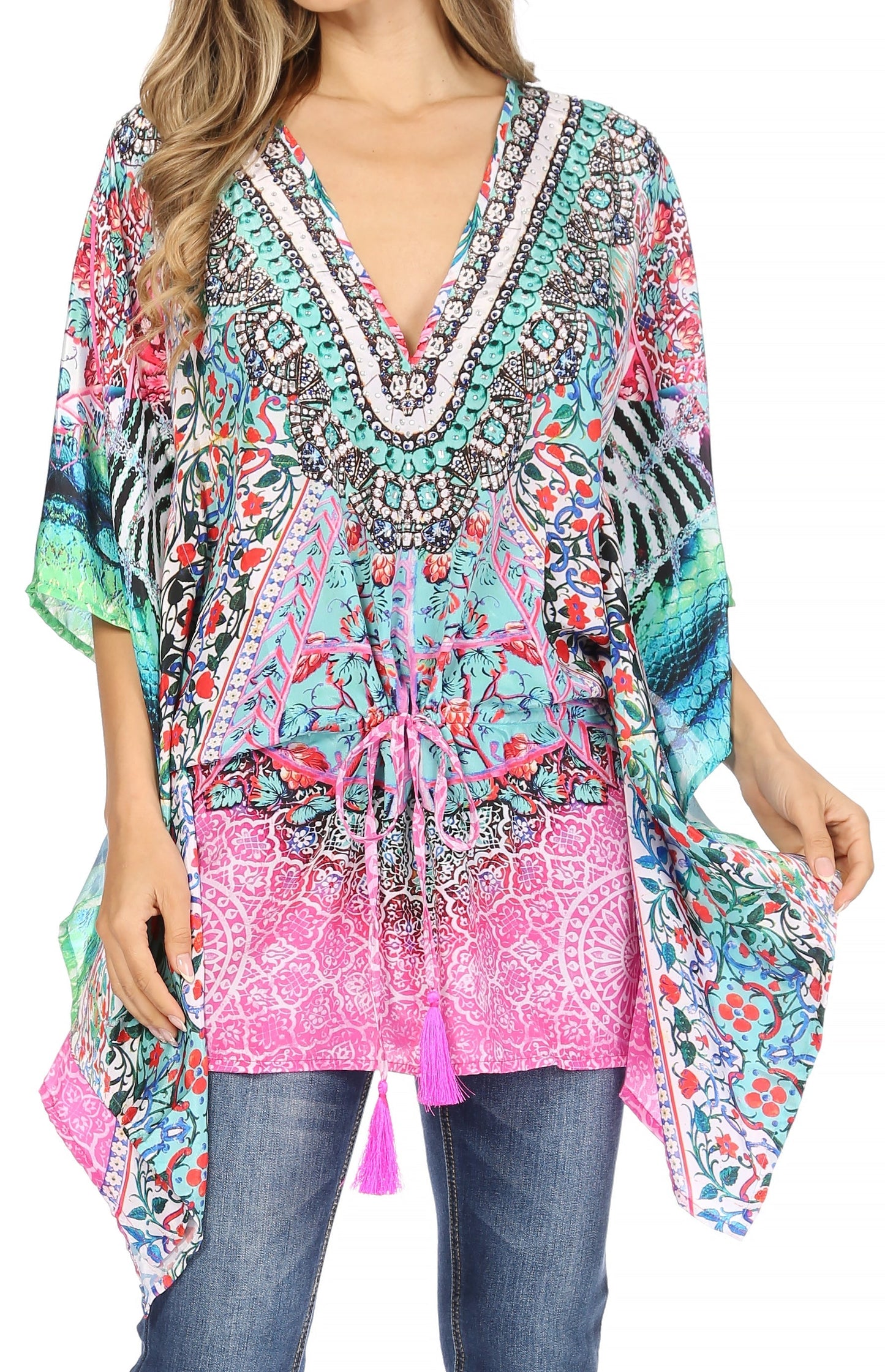 Sakkas Danis Women's Oversized Casual Pullover V-neck Short Sleeve Boho Top Blouse One Size ORM241-Multi