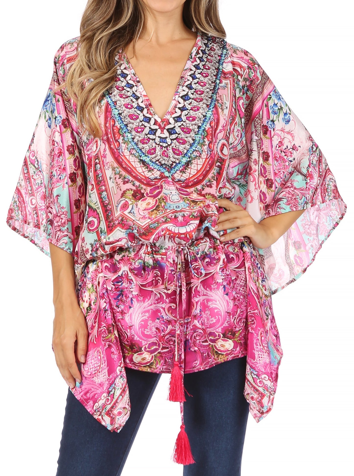 Sakkas Danis Women's Oversized Casual Pullover V-neck Short Sleeve Boho Top Blouse One Size ORPI272-Pink