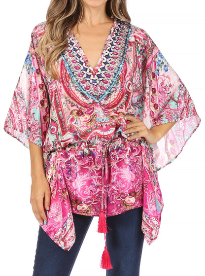 Sakkas Danis Women's Oversized Casual Pullover V-neck Short Sleeve Boho Top Blouse One Size ORPI272-Pink