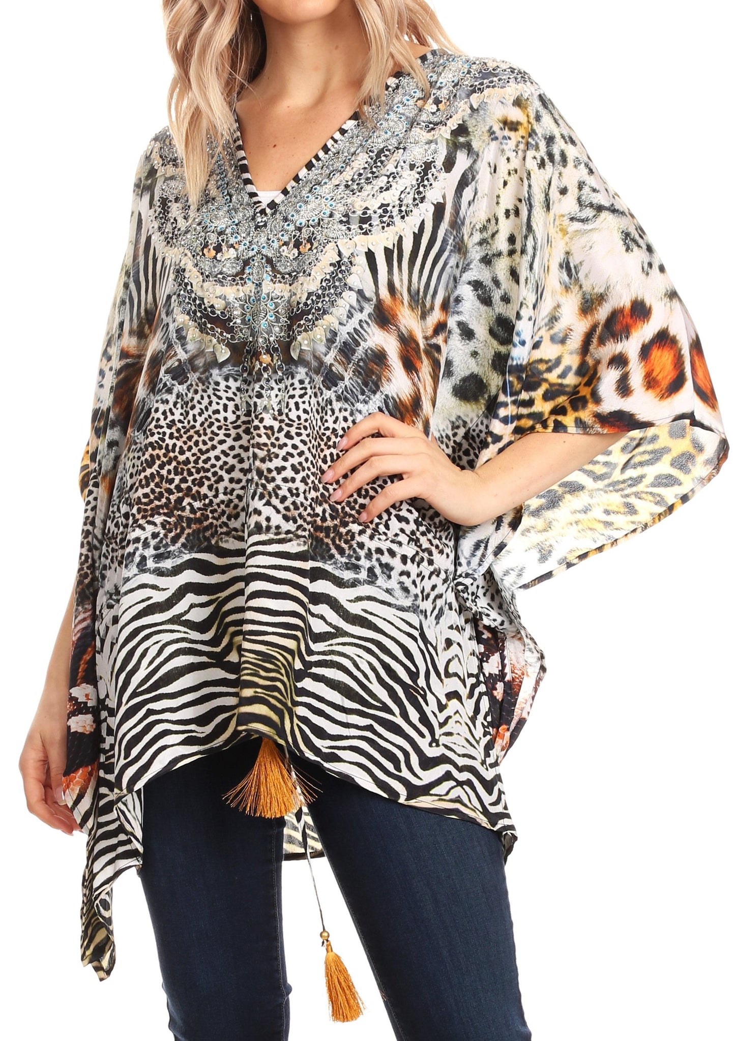 Sakkas Danis Women's Oversized Casual Pullover V-neck Short Sleeve Boho Top Blouse One Size TGW242-Multi