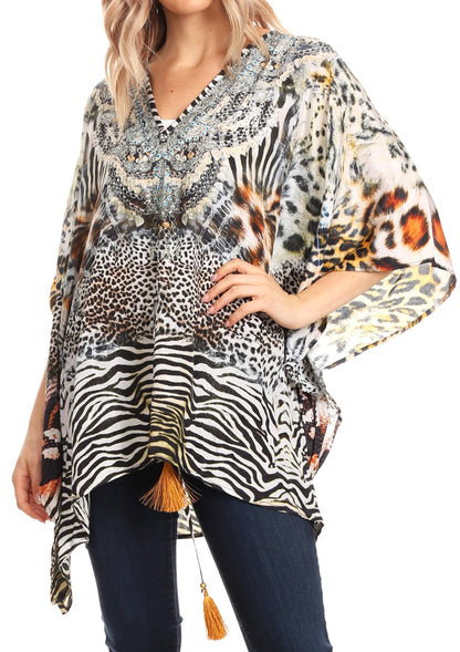 Sakkas Danis Women's Oversized Casual Pullover V-neck Short Sleeve Boho Top Blouse One Size TGW242-Multi