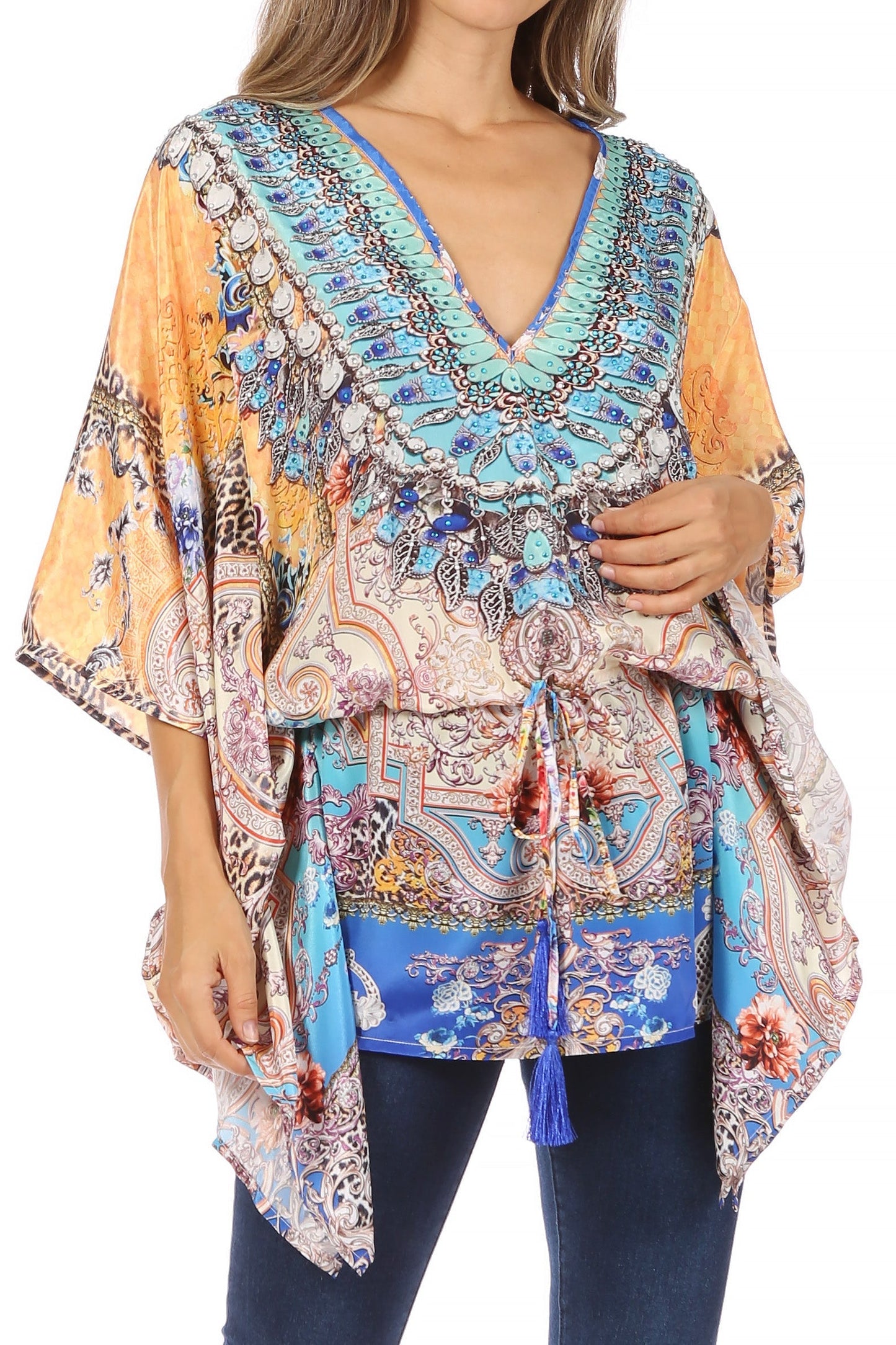 Sakkas Danis Women's Oversized Casual Pullover V-neck Short Sleeve Boho Top Blouse One Size TM350-Multi