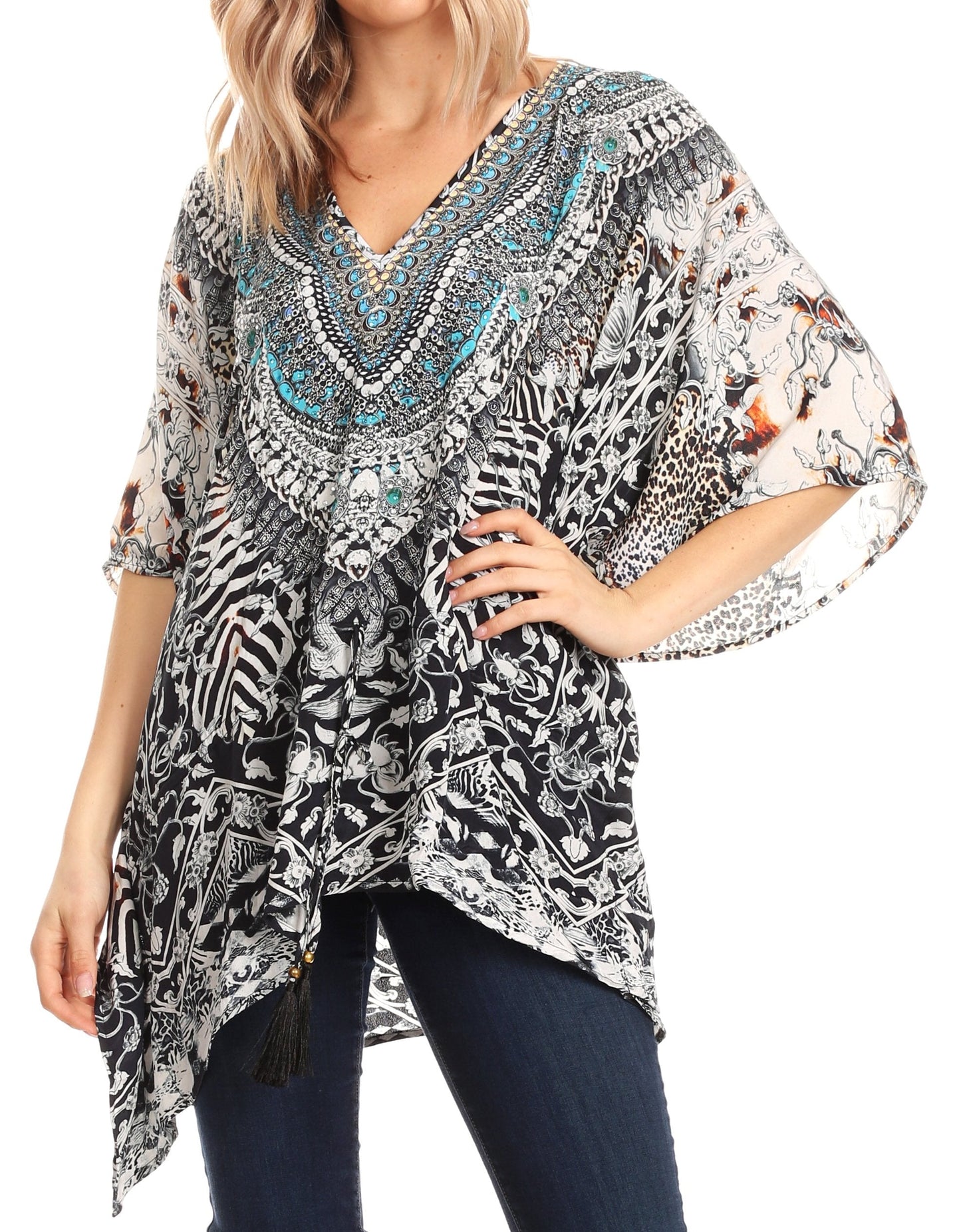 Sakkas Danis Women's Oversized Casual Pullover V-neck Short Sleeve Boho Top Blouse One Size TRBK243-Black