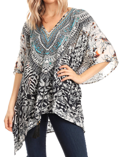 Sakkas Danis Women's Oversized Casual Pullover V-neck Short Sleeve Boho Top Blouse One Size TRBK243-Black