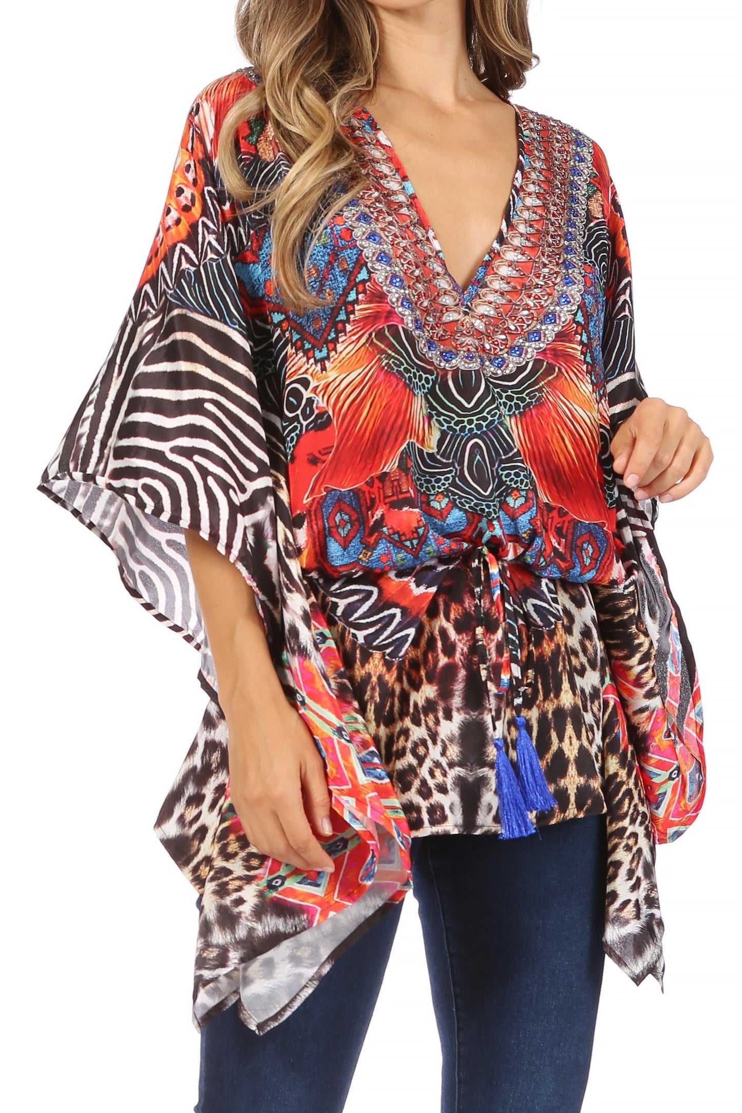 Sakkas Danis Women's Oversized Casual Pullover V-neck Short Sleeve Boho Top Blouse One Size UR299-Red