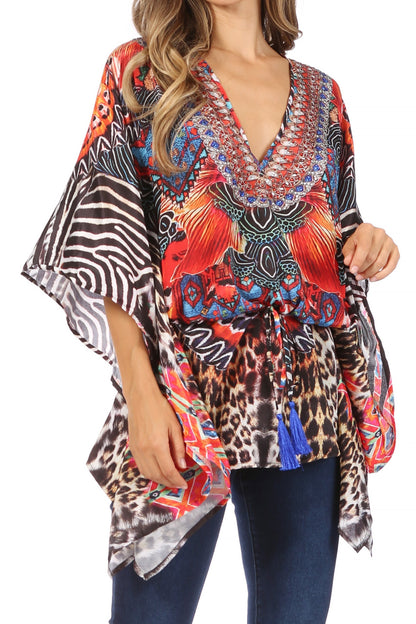 Sakkas Danis Women's Oversized Casual Pullover V-neck Short Sleeve Boho Top Blouse One Size UR299-Red
