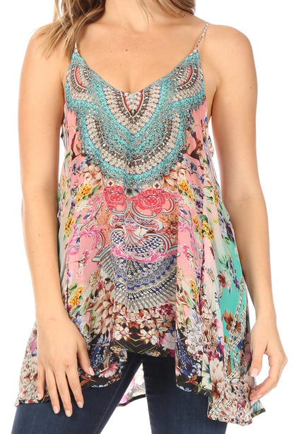 Sakkas Bette Women's Casual Boho Loose Printed Spaghetti Strap Top Tank Camisole One Size 465