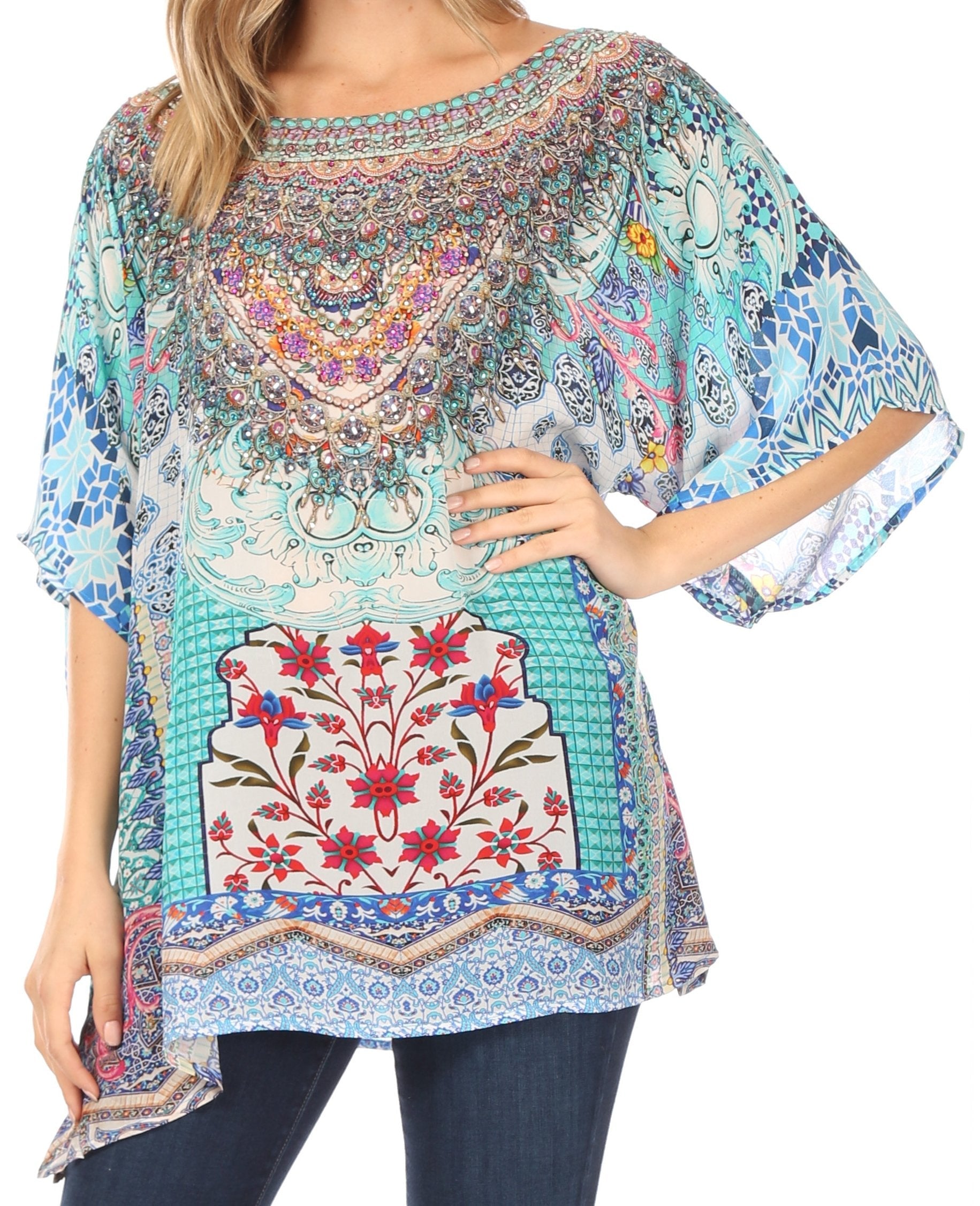 Sakkas Ella Women's Casual Short Sleeve Boxy Trendy Print Boho Blouse Top Tunic One Size 462