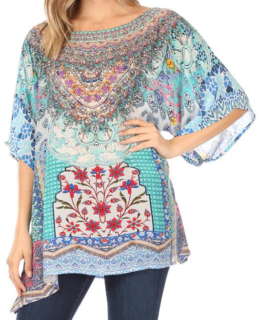 Sakkas Ella Women's Casual Short Sleeve Boxy Trendy Print Boho Blouse Top Tunic One Size 462
