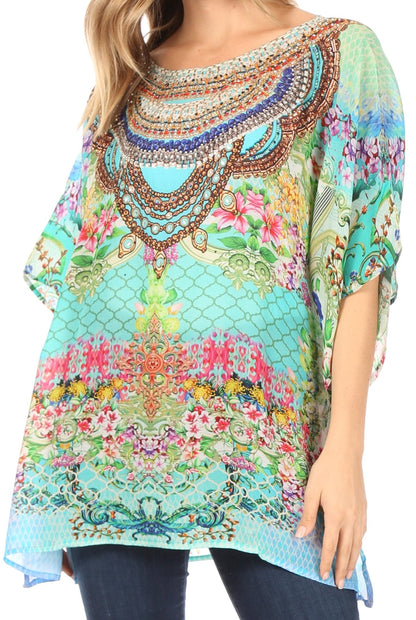 Sakkas Ella Women's Casual Short Sleeve Boxy Trendy Print Boho Blouse Top Tunic One Size 463
