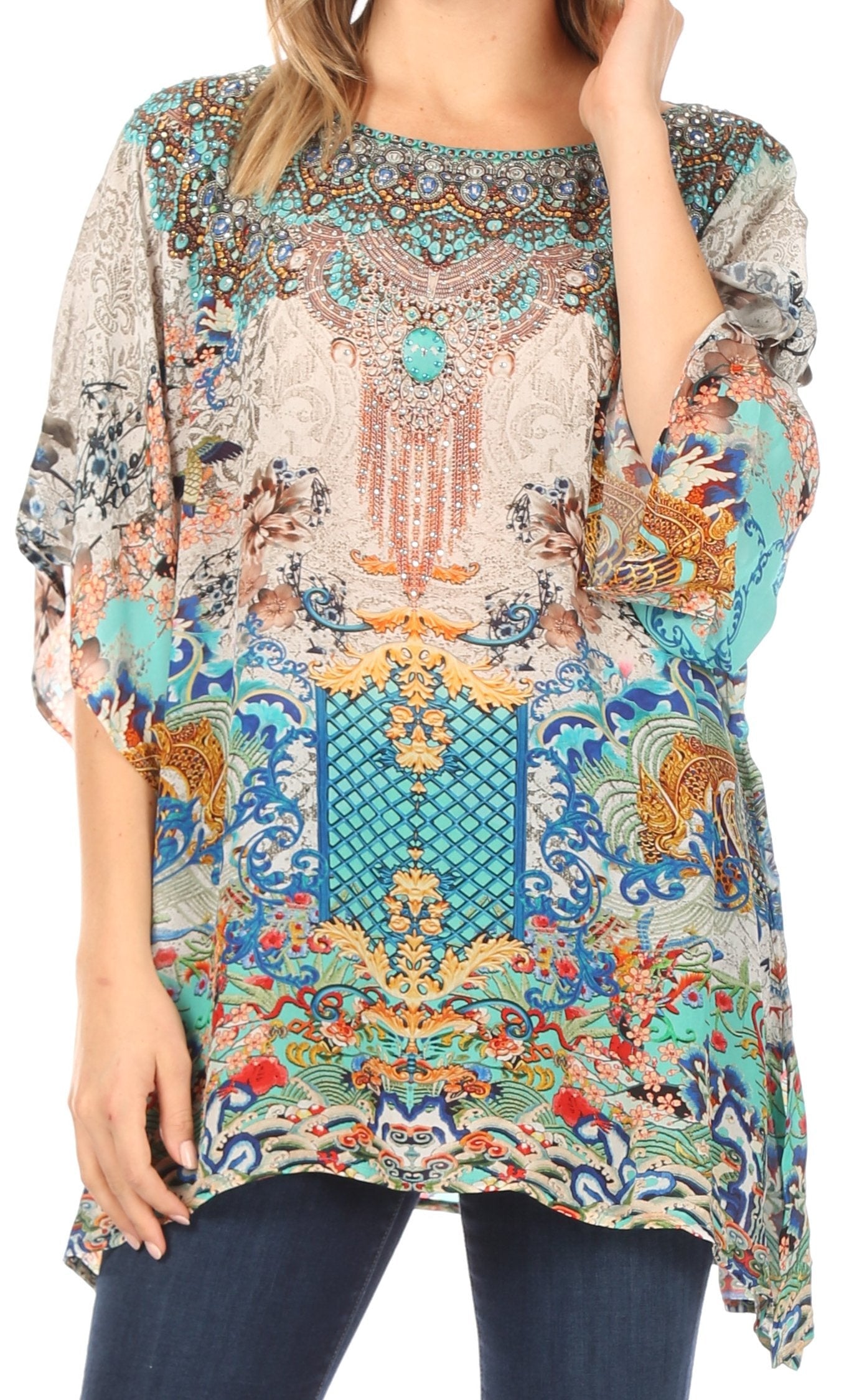 Sakkas Ella Women's Casual Short Sleeve Boxy Trendy Print Boho Blouse Top Tunic One Size 464