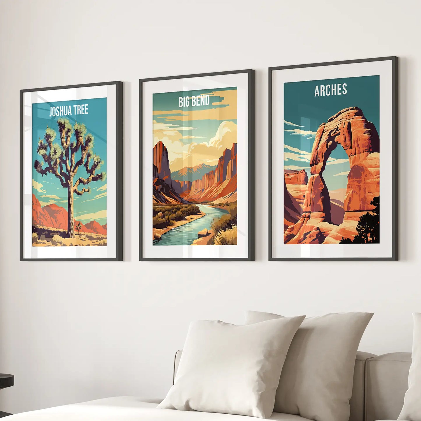 3 Piece USA National Park Art. Big Bend, Arches, Joshua Tree Black Frame - w mat
