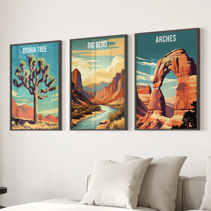 3 Piece USA National Park Art. Big Bend, Arches, Joshua Tree Black Frame - no mat