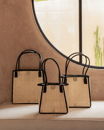 Citra Leather and Rattan Tote Bag Black