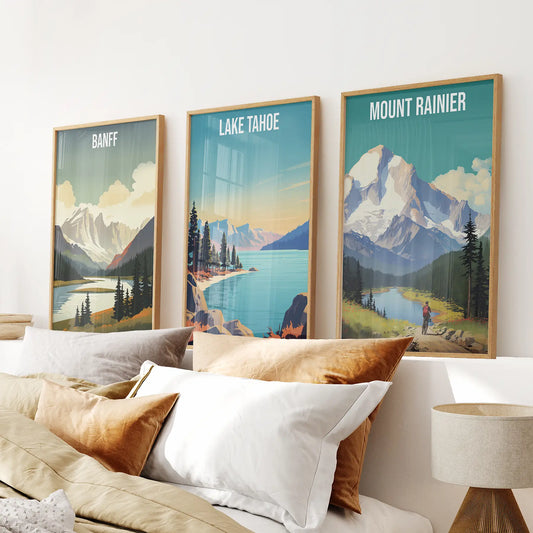 Set of 3 Travel Prints. Banff, Lake Tahoe, Mount Rainier Posters Thin Wood Frame - no mat