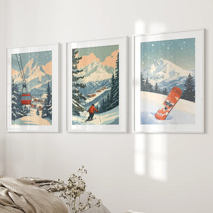 Vintage Ski Poster Set of 3. Snowboard, Skier & Ski Lift Wall Art White Frame - w mat