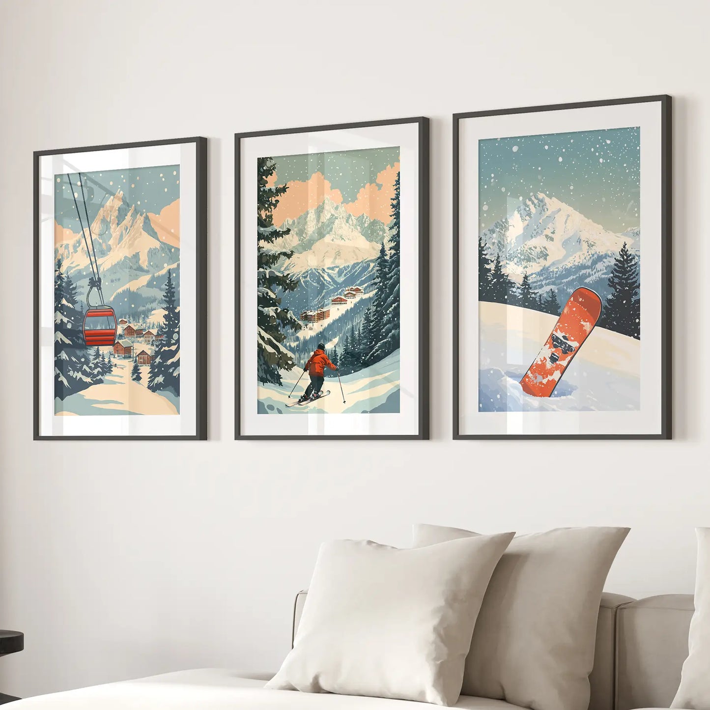Vintage Ski Poster Set of 3. Snowboard, Skier & Ski Lift Wall Art Black Frame - w mat