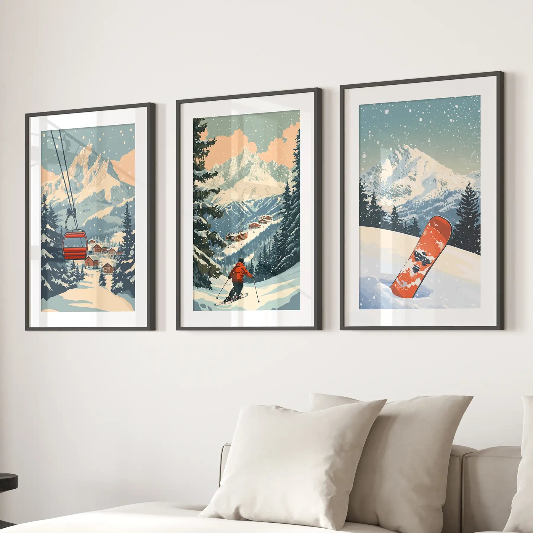 Vintage Ski Poster Set of 3. Snowboard, Skier & Ski Lift Wall Art Black Frame - w mat