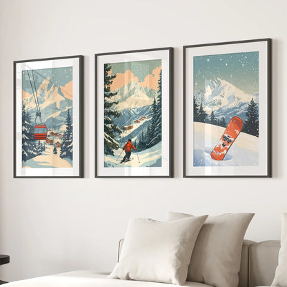 Vintage Ski Poster Set of 3. Snowboard, Skier & Ski Lift Wall Art Black Frame - w mat