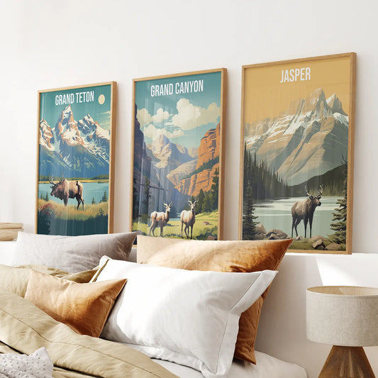 Grand Canyon, Jasper, Grand Teton. National Park Wall Art Thin Wood Frame - no mat