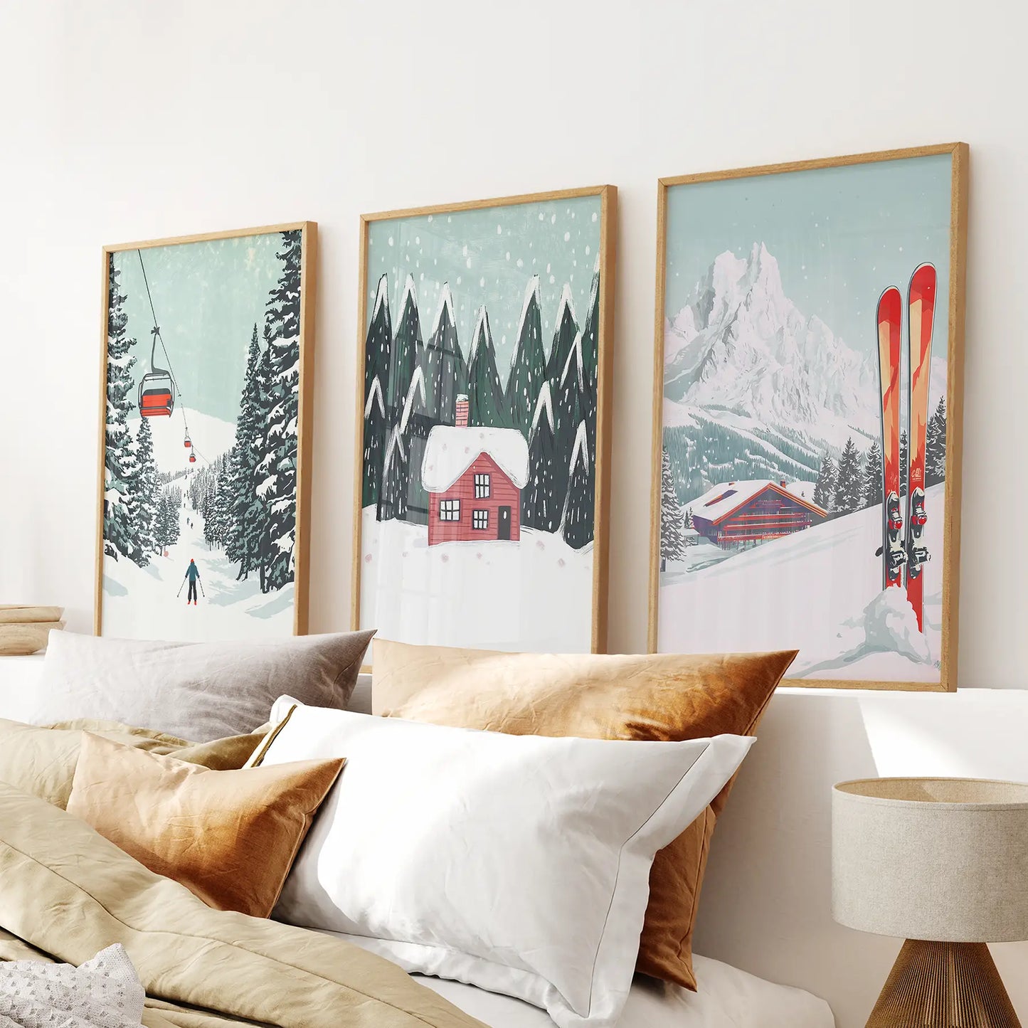 Ski Lifts, Cozy Cabin, and Snowy Peaks Wall Art Thin Wood Frame - no mat