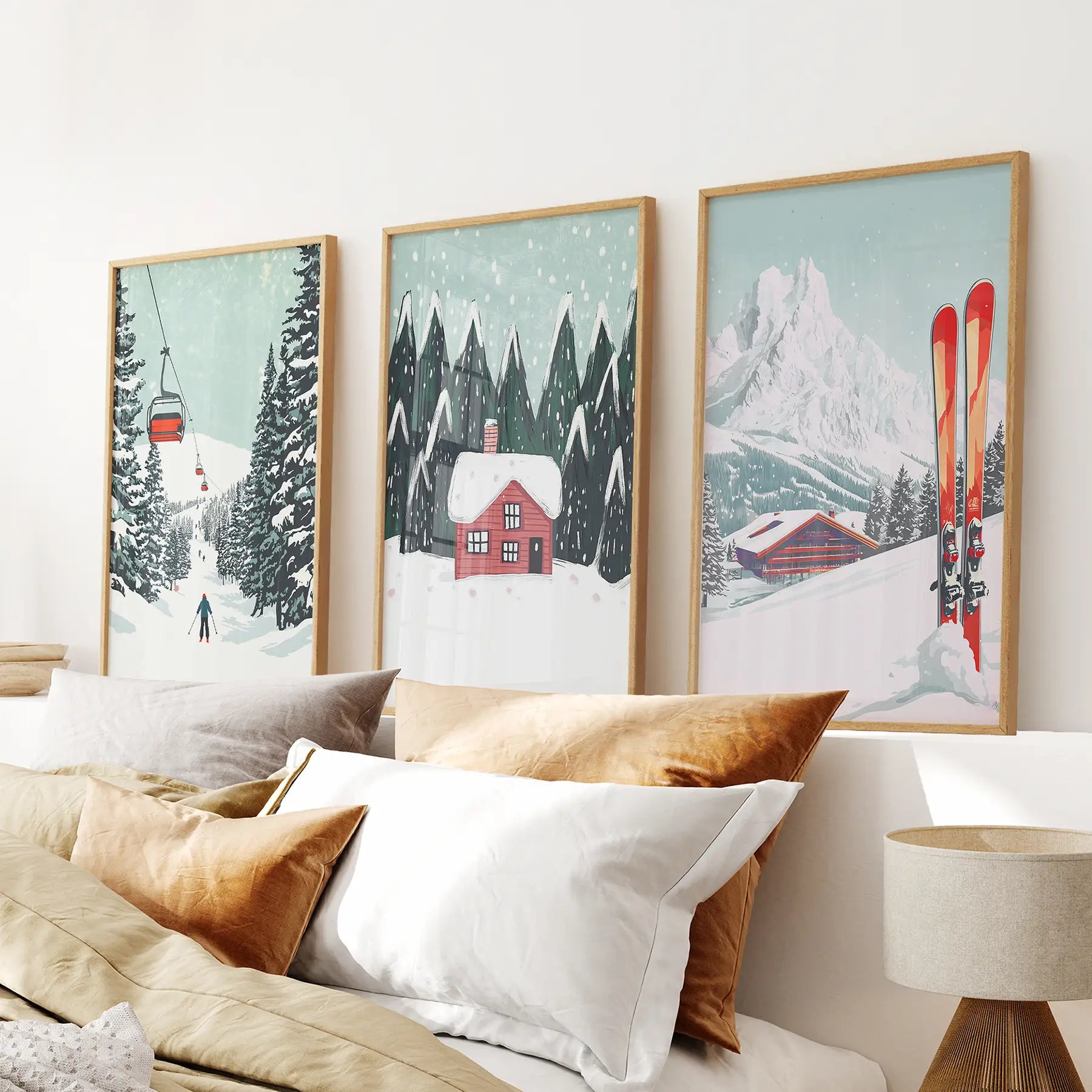 Ski Lifts, Cozy Cabin, and Snowy Peaks Wall Art Thin Wood Frame - no mat