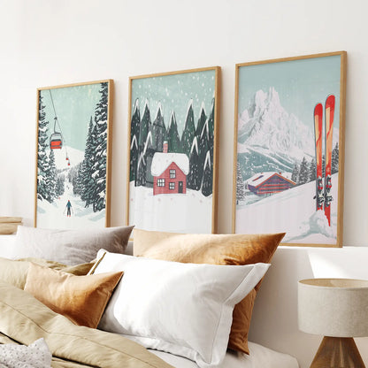 Ski Lifts, Cozy Cabin, and Snowy Peaks Wall Art Thin Wood Frame - no mat