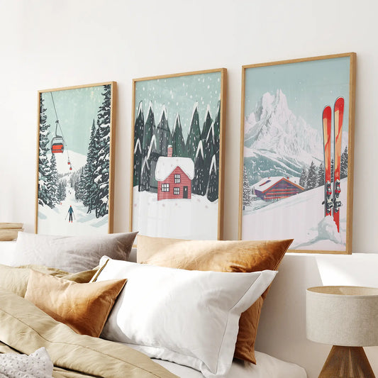 Ski Lifts, Cozy Cabin, and Snowy Peaks Wall Art Thin Wood Frame - no mat