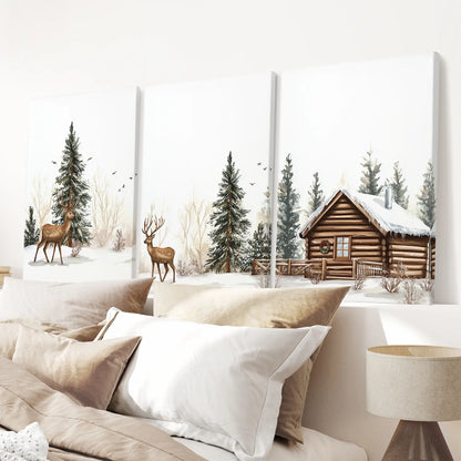 Deer and Cabin Winter 3 Piece Wall Art. Rustic Nordic Prints Wrapped Canvas