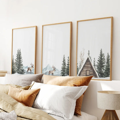 Rustic Cabin, Snowy Forest Prints. 3 Piece Winter Wall Art Thin Wood Frame - no mat