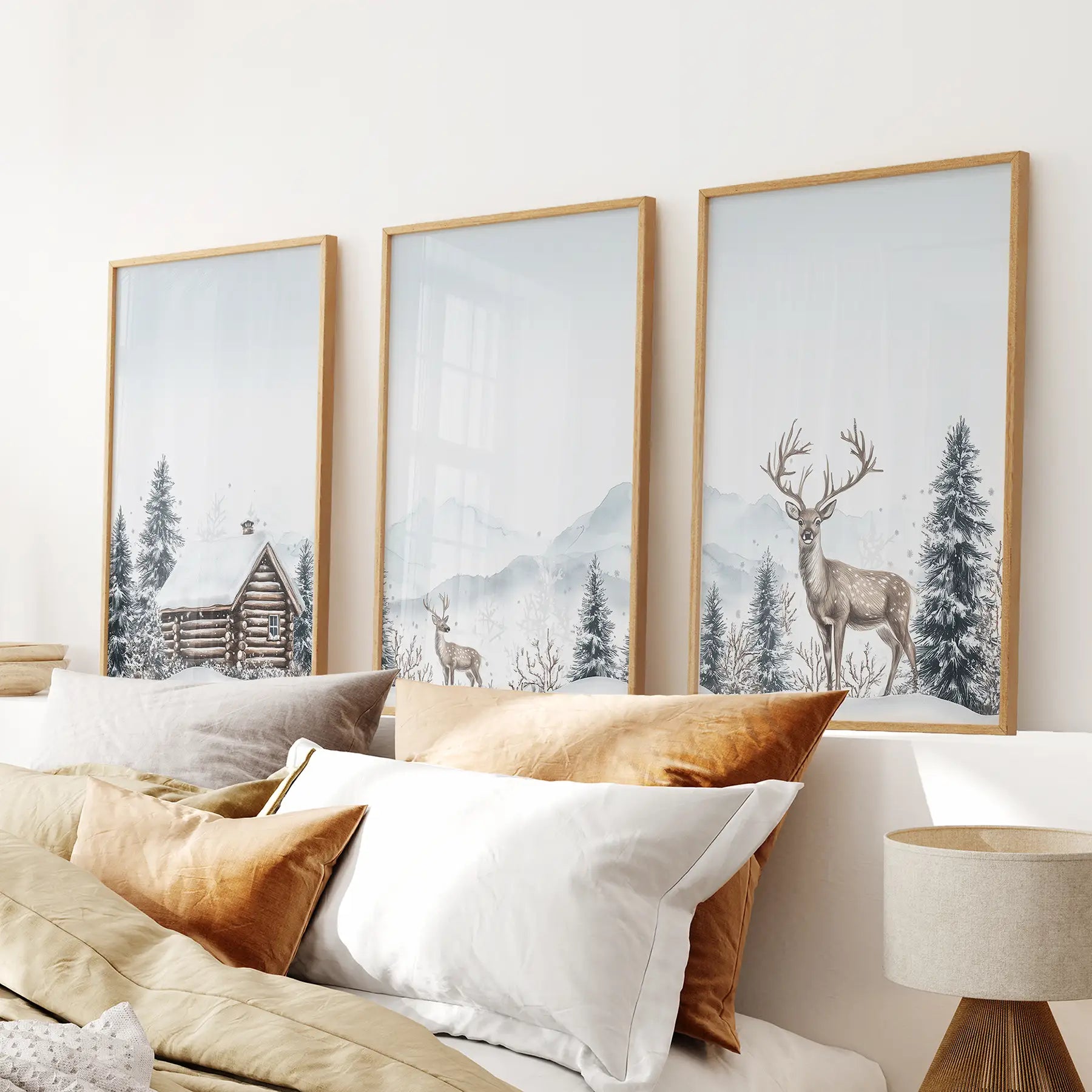 Snowy Deer Wall Art Set of 3. Winter Woodland Prints Thin Wood Frame - no mat