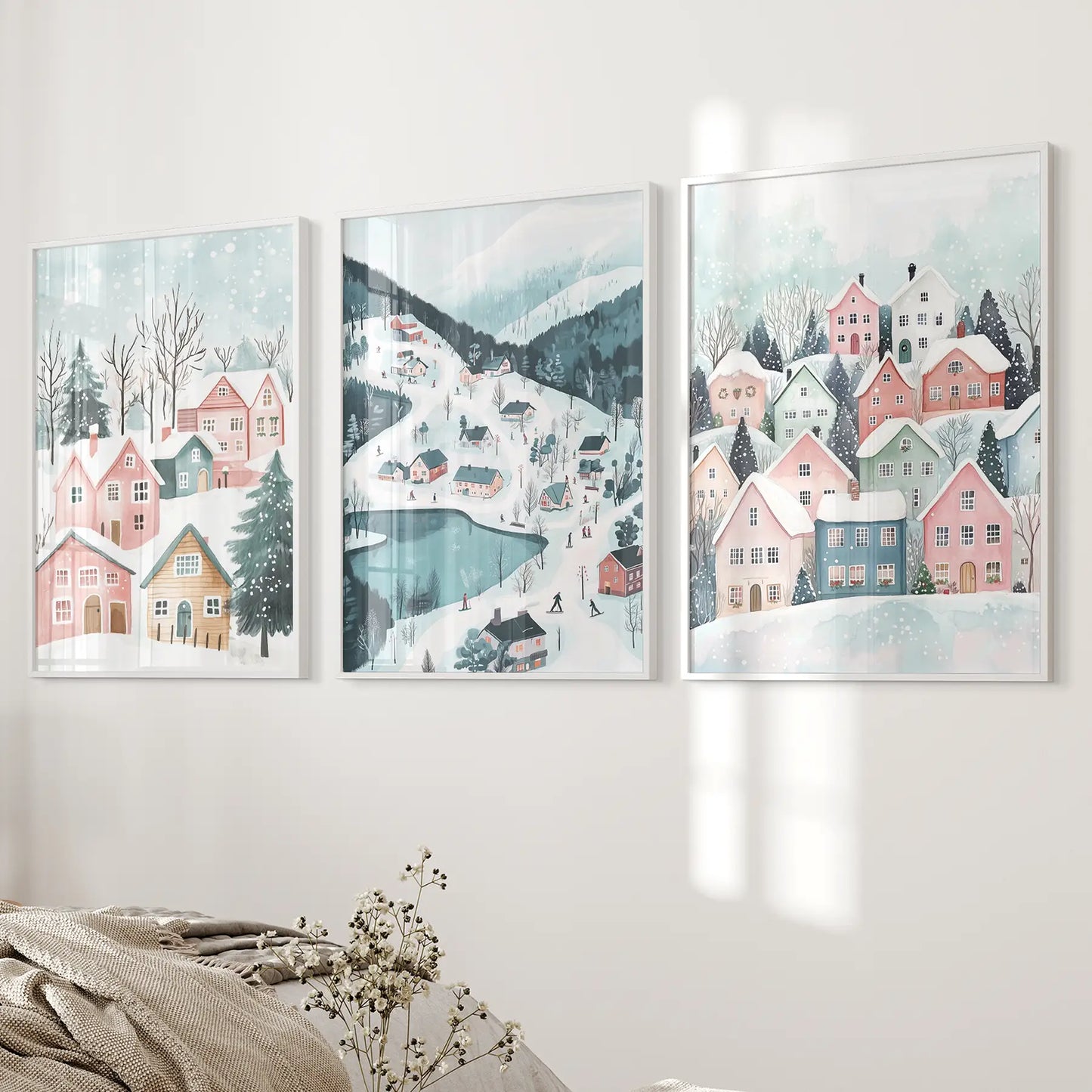 Christmas Village Cute Winter Landscape Posters White Frame - no mat