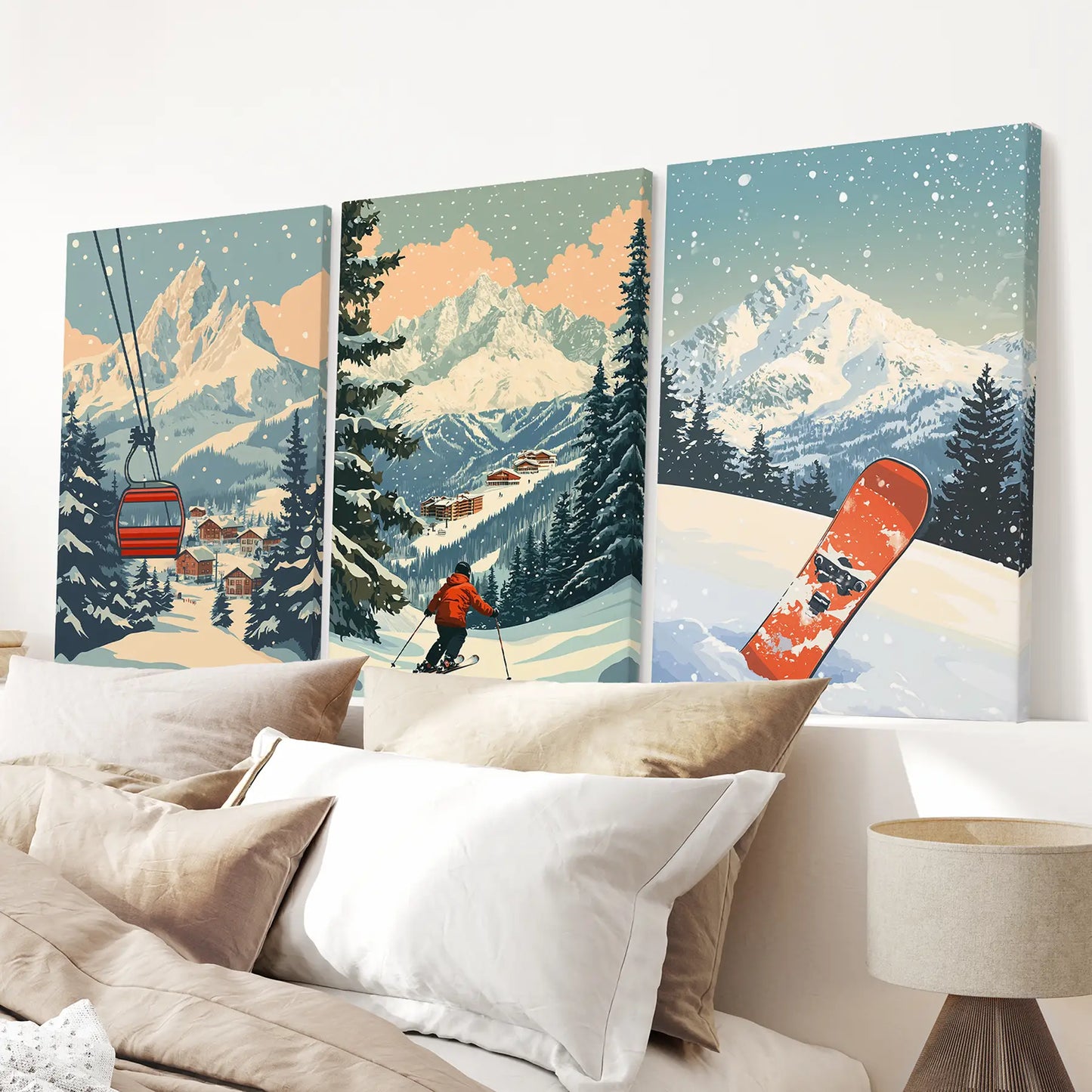 Vintage Ski Poster Set of 3. Snowboard, Skier & Ski Lift Wall Art Wrapped Canvas